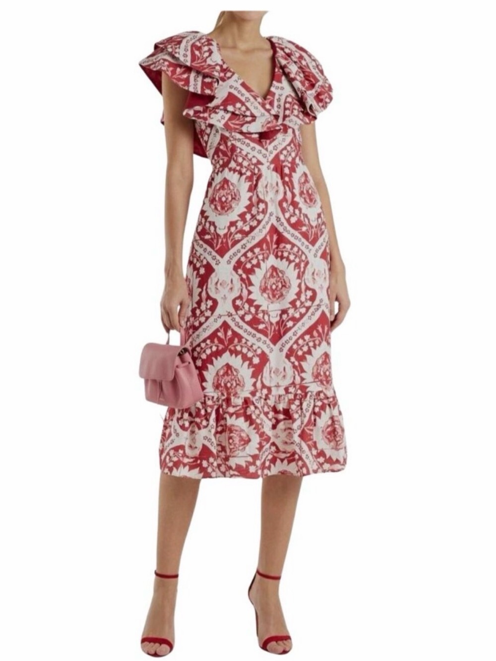 Amur Zemirah Red & White Floral Ruffle Midi Dress Sz.6